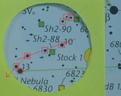 The first line of three stars enroute to M27 with star patterns highlighted