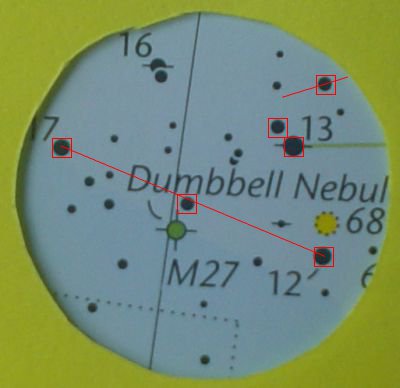 Second line of three stars, almost at M27, with patterns and stars highlighted