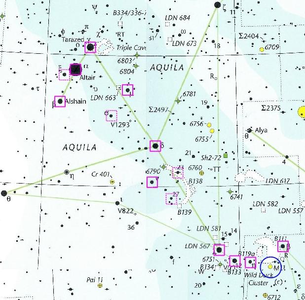 Star chart of Aquila and Scutum with stars used for star-hopping highlighted