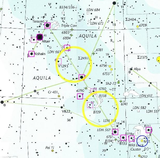 Star chart of Aquila and Scutum with 5 deg finder FOV rings showing star-hopping gaps